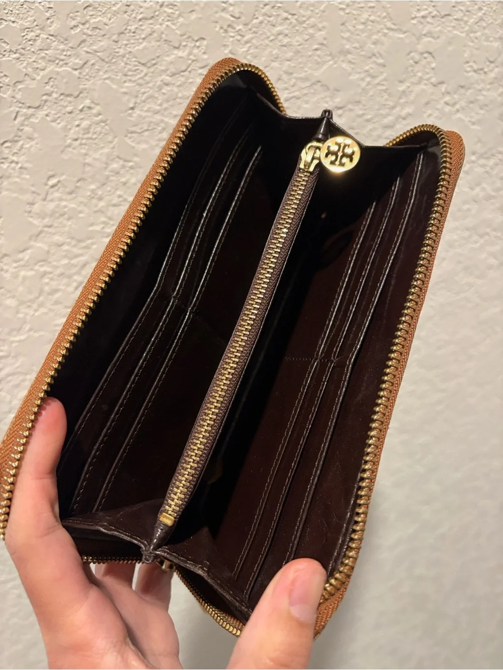Tory Burch Cognac Embossed Zip-Around Wallet with Gold Logo